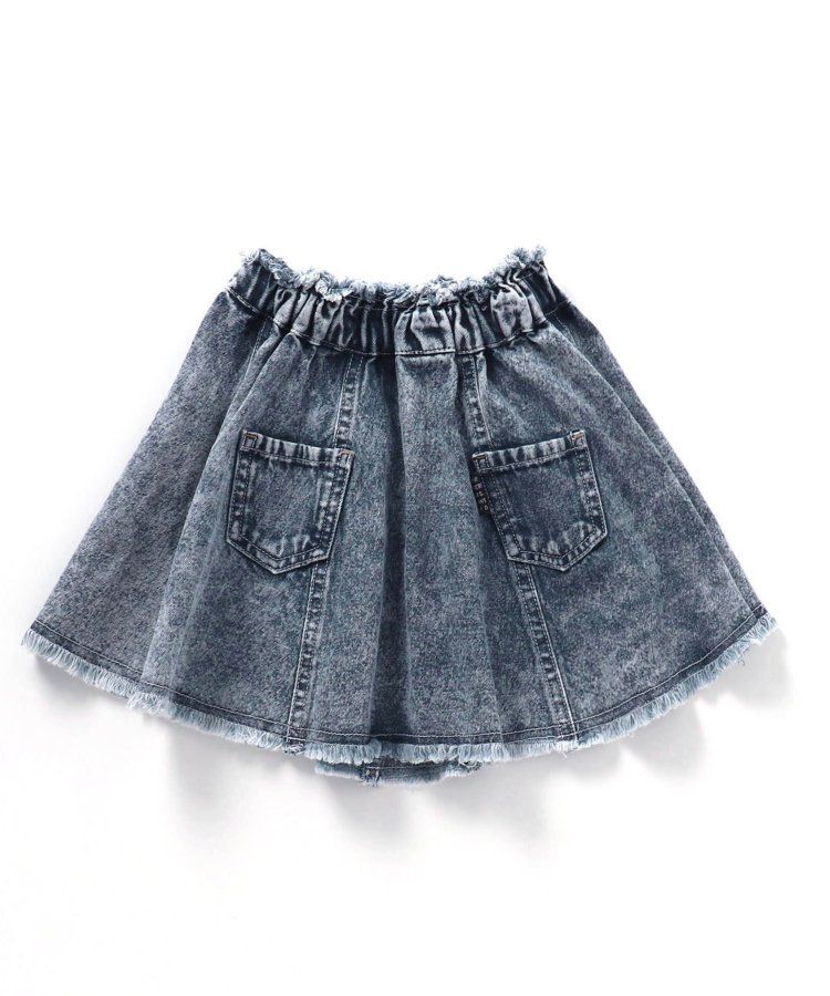 日本 BREEZE - 刷色拼接風及膝牛仔裙-丹寧藍