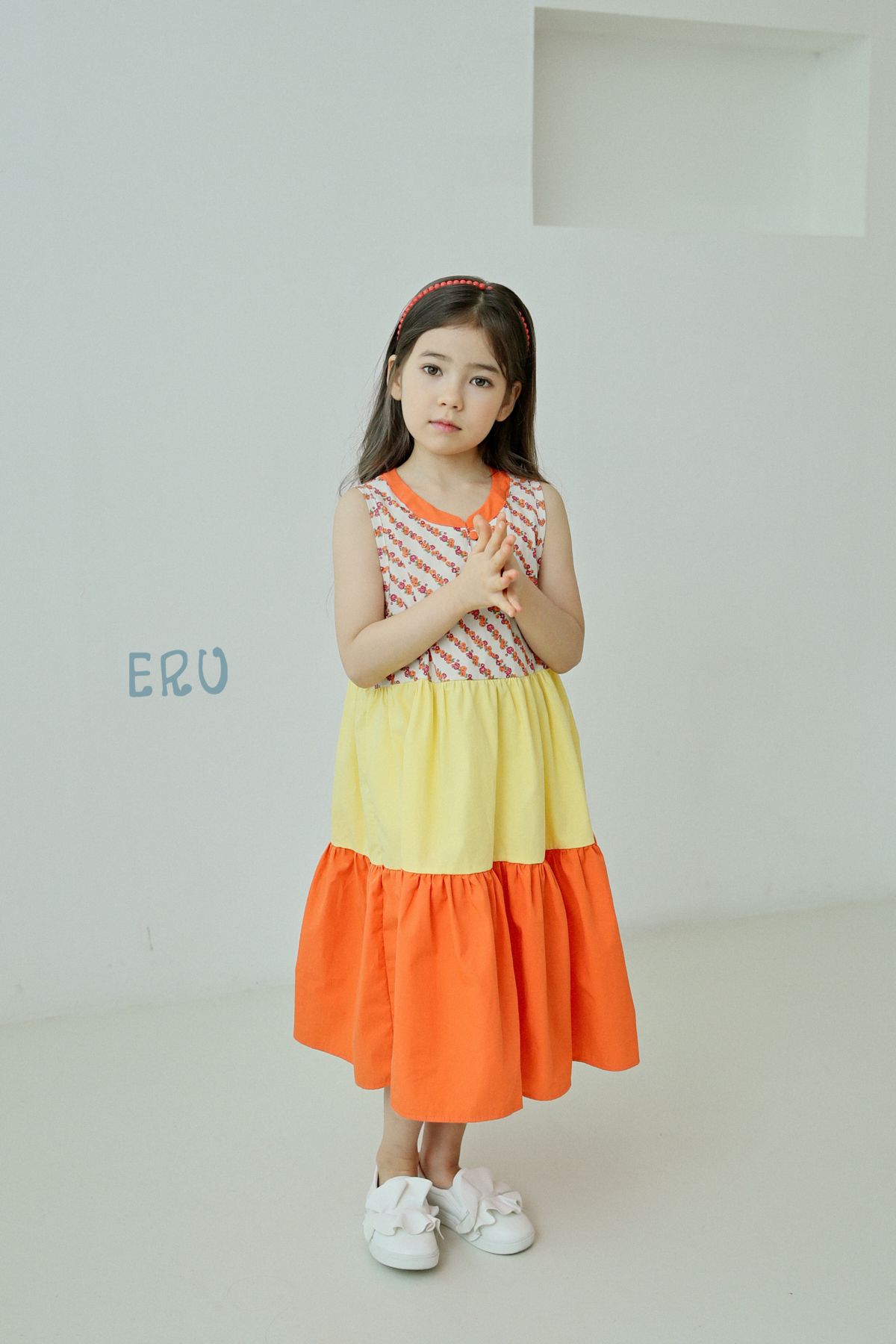 韓國 ERU - 斜紋花朵拼接色長版洋裝-藍粉