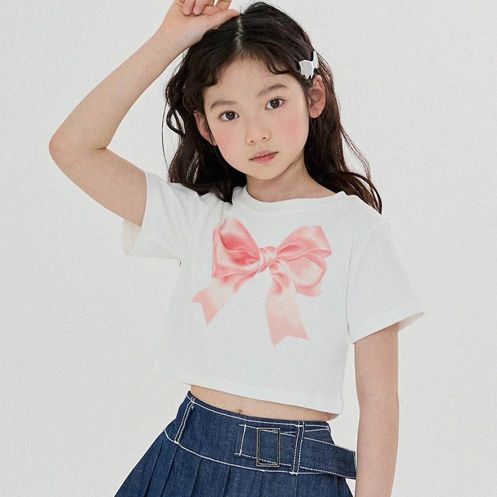 蝴蝶結緞帶印短袖上衣-白