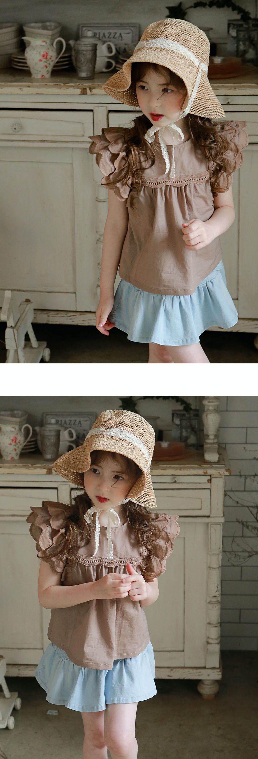 韓國 PuellaFLO - 蝴蝶狀荷葉袖上衣-摩卡