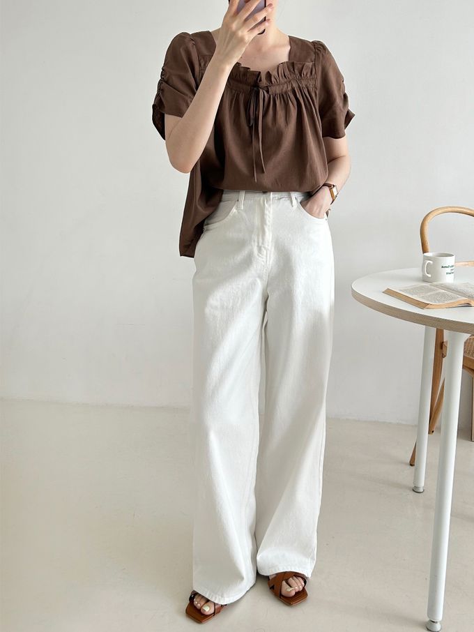 韓國女裝連線 - 波浪方領棉麻短袖上衣-白 (FREE)