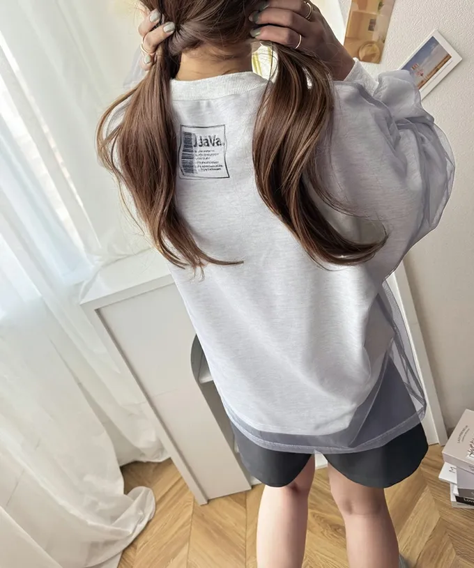 日本 Classical Elf - Java 透膚薄紗層次上衣-背後標籤印花-炭灰