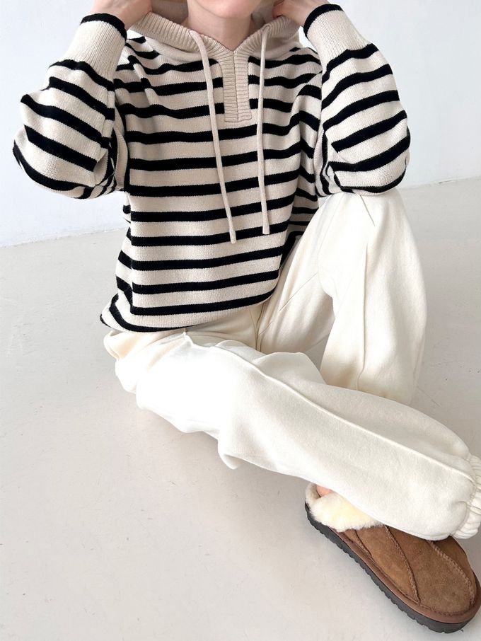 韓國女裝連線 - 經典條紋連帽長袖針織上衣-黑底 (FREE)