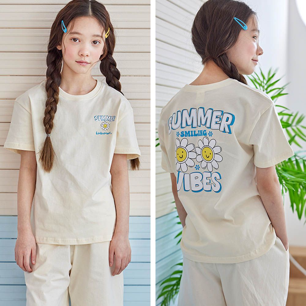 舒適純棉短袖套裝-笑臉小雛菊-米黃