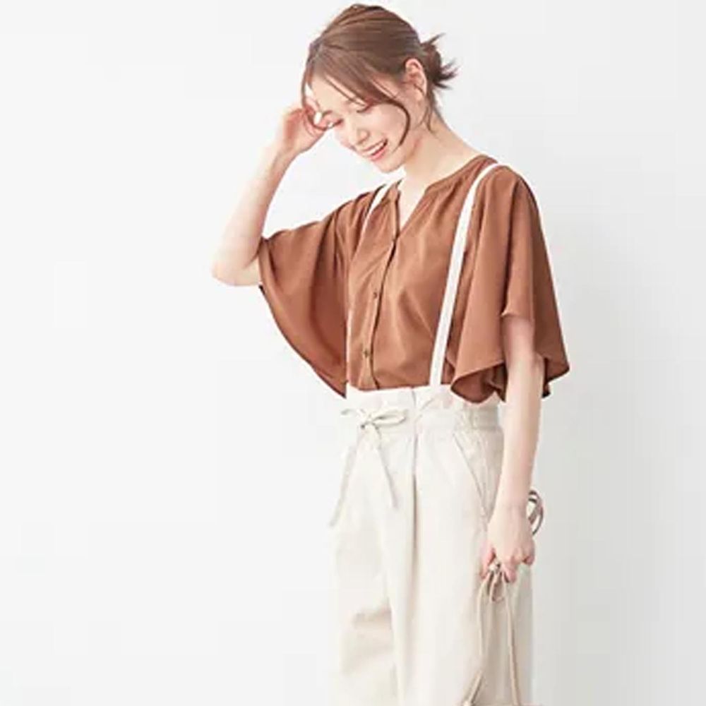 日本 BELLUNA - 小V領大荷葉衣袖短袖雪紡襯衫-磚橘