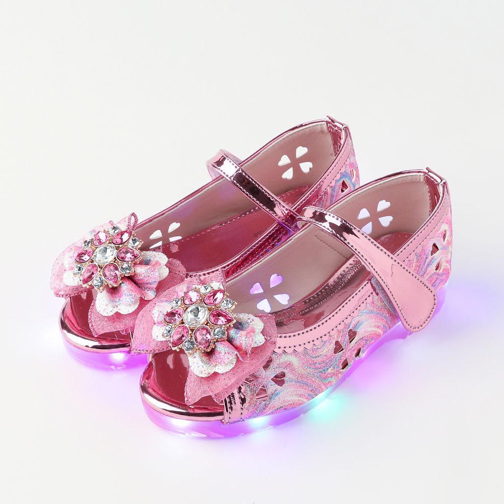 韓國 OZKIZ - (LED)花朵鑽石鏤空魚口涼鞋-炫彩粉