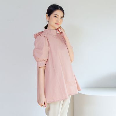 Yukié - 優雅小立領燈籠袖上衣-蝴蝶結-粉紅色 (F)