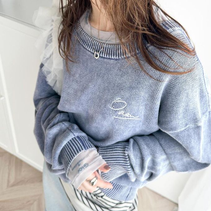 日本 Classical Elf - 厚磅棉復古刷色感logo長袖上衣-淺灰