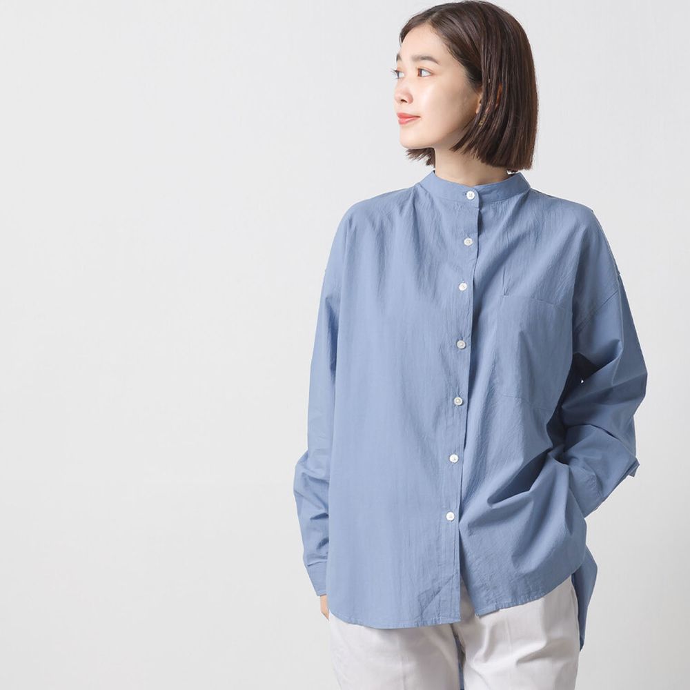 日本 OMNES - 純棉塩縮加工 修身長版圓下擺口袋長袖襯衫-灰藍 (F)
