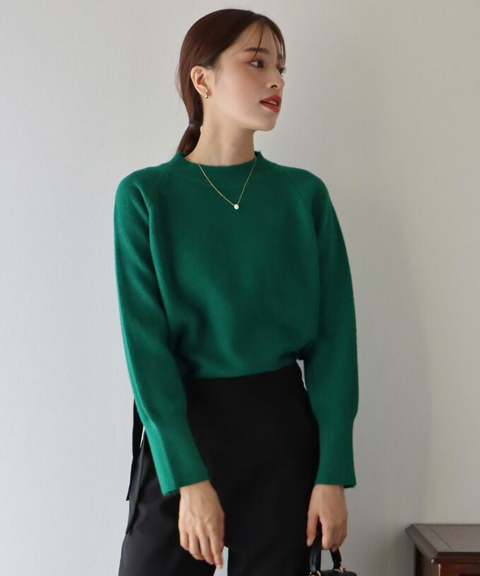 日本 BLUE EAST - 優雅立領針織上衣-草綠
