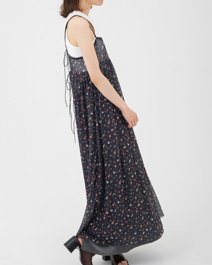 日本 gleam - 前後2way浪漫小花細肩帶薄紗洋裝-水藍