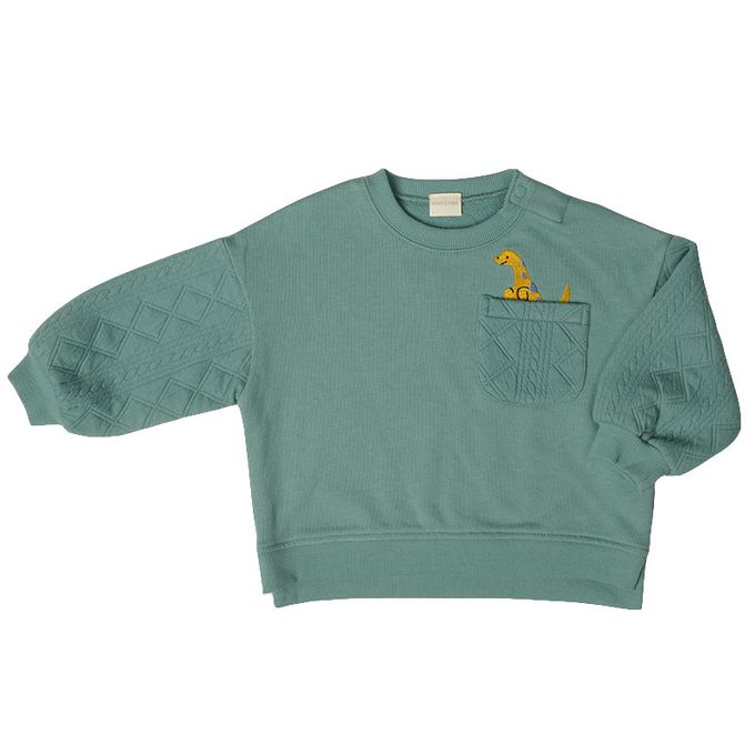 akachan honpo - 長袖鋪棉休閒上衣-拼接-綠色