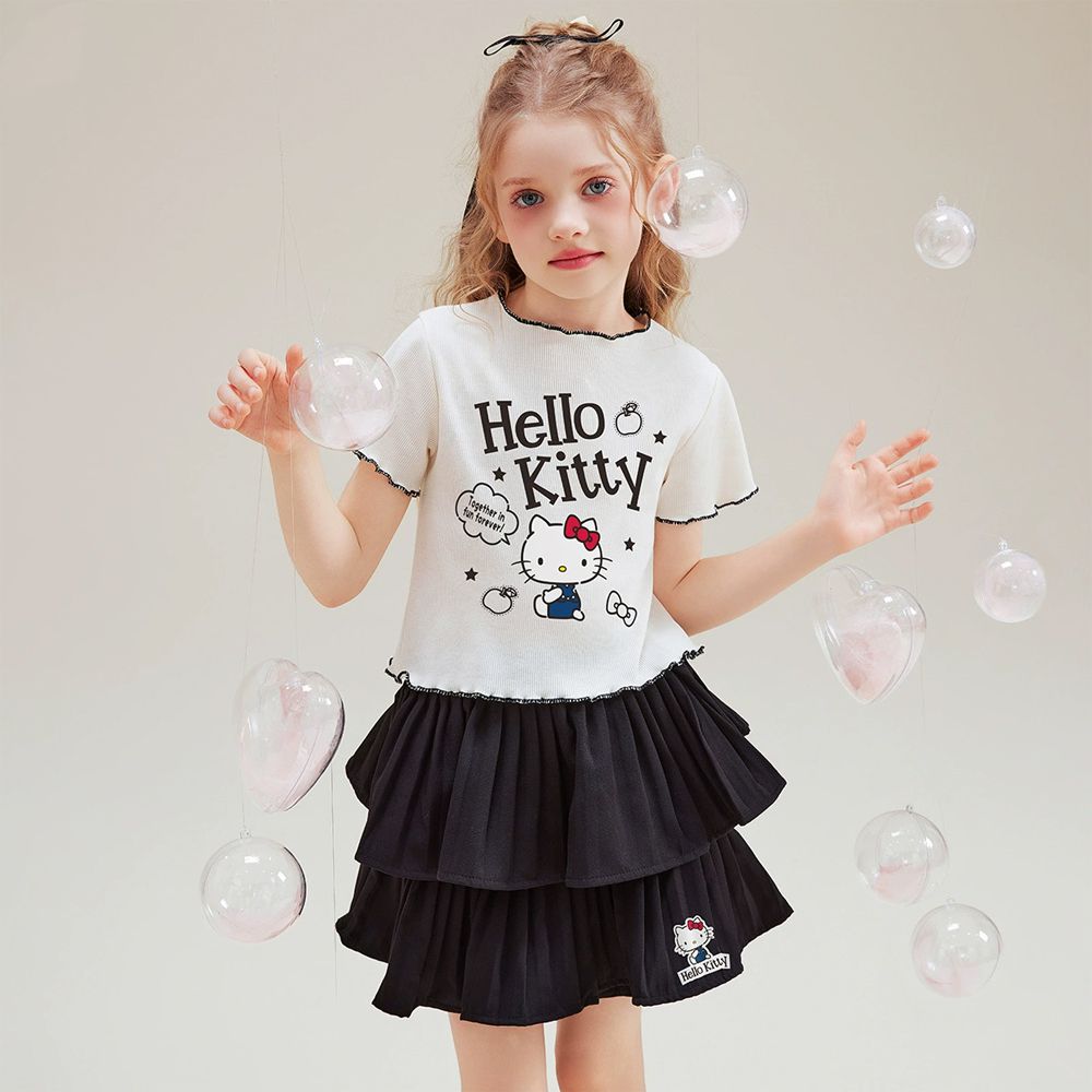木耳邊短袖上衣+層次短裙套裝-卡通人物Hello Kitty-米杏