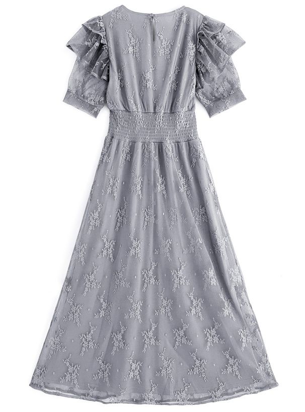 日本 GRL - 浪漫花刺繡薄紗短袖洋裝-星塵藍