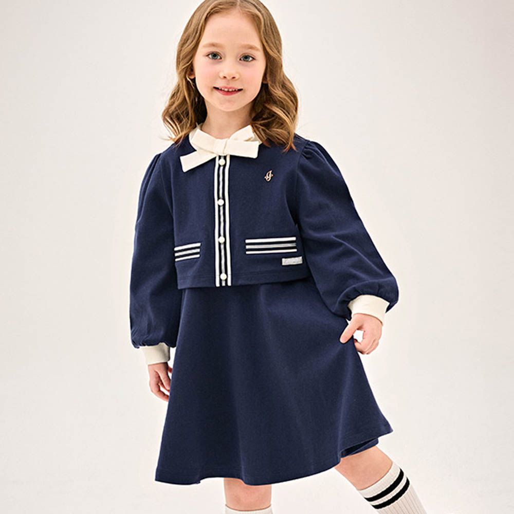 典雅緞帶裝飾珍珠釦長袖洋裝-海軍藍X白