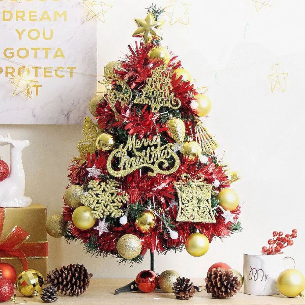 TROMSO - 2021風格旅程桌上型聖誕樹/含豐盛耶誕掛飾及附LED省電造型燈串-丹麥典藏金紅 (總長約60cmx樹圍直徑約30cm)-總重量約600g
