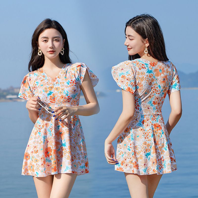 甜美碎花修身顯瘦遮肉連身裙泳衣-滿版花花-深藍+橘