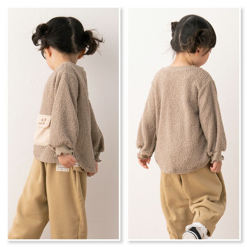 日本 ZOOLAND - 圓領泰迪熊刷毛長袖上衣-百寶袋-淺灰杏