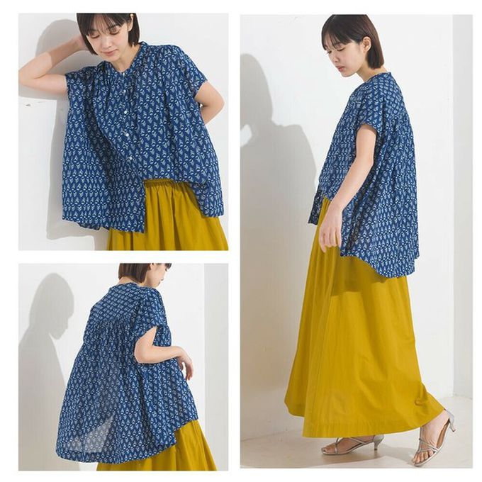 日本 OMNES - 100%印度棉 輕盈寬版襯衫式上衣-條紋-棕