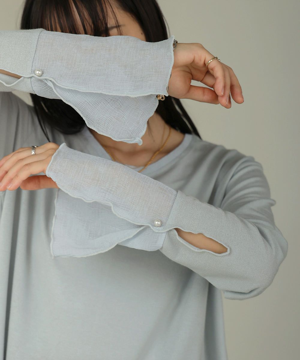 日本 Bab - 楊柳拼接珍珠薄長袖上衣-米杏