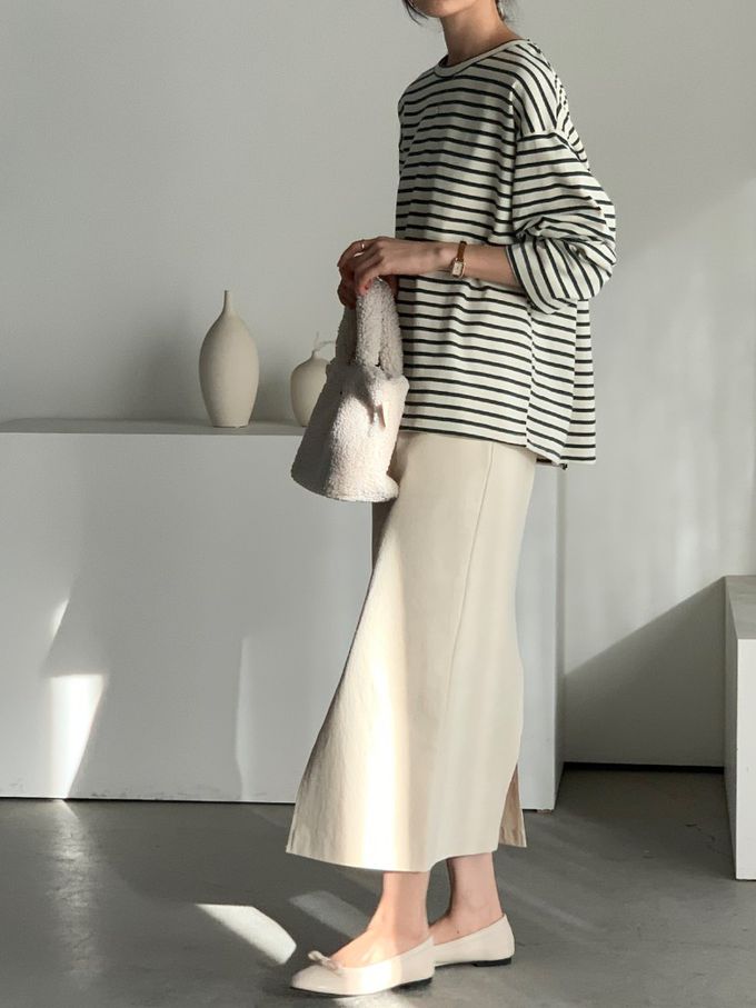 韓國女裝連線 - 不對稱後開衩條紋長袖上衣-墨綠 (FREE)