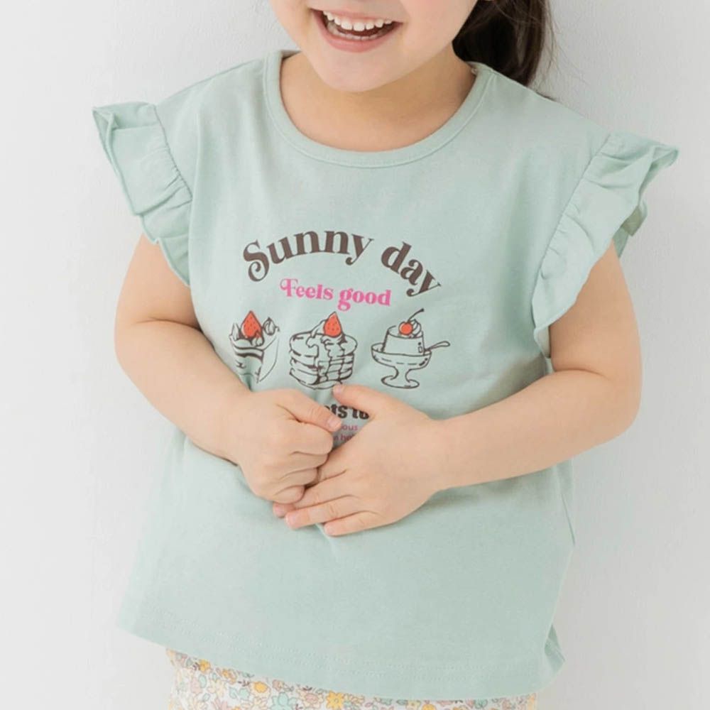100%棉 荷葉邊女孩印花短袖上衣-美味甜點-薄荷綠