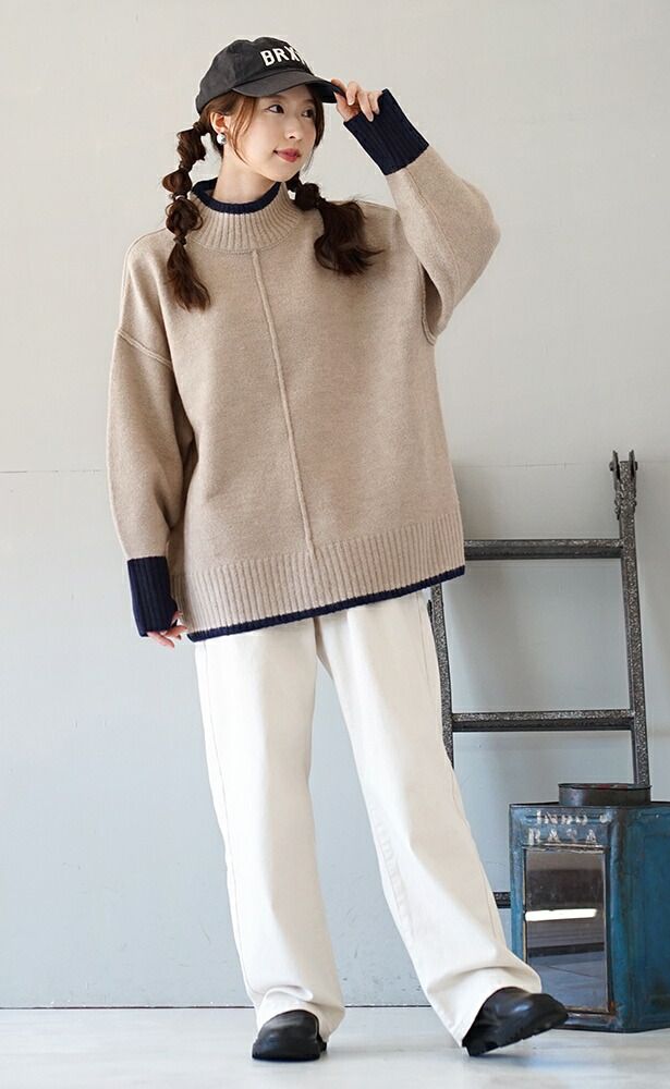 日本 zootie - 滾邊撞色落肩針織毛衣-淺灰