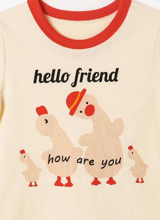 韓國 OZKIZ - 歪頭鴨家族印花短袖上衣-米黃