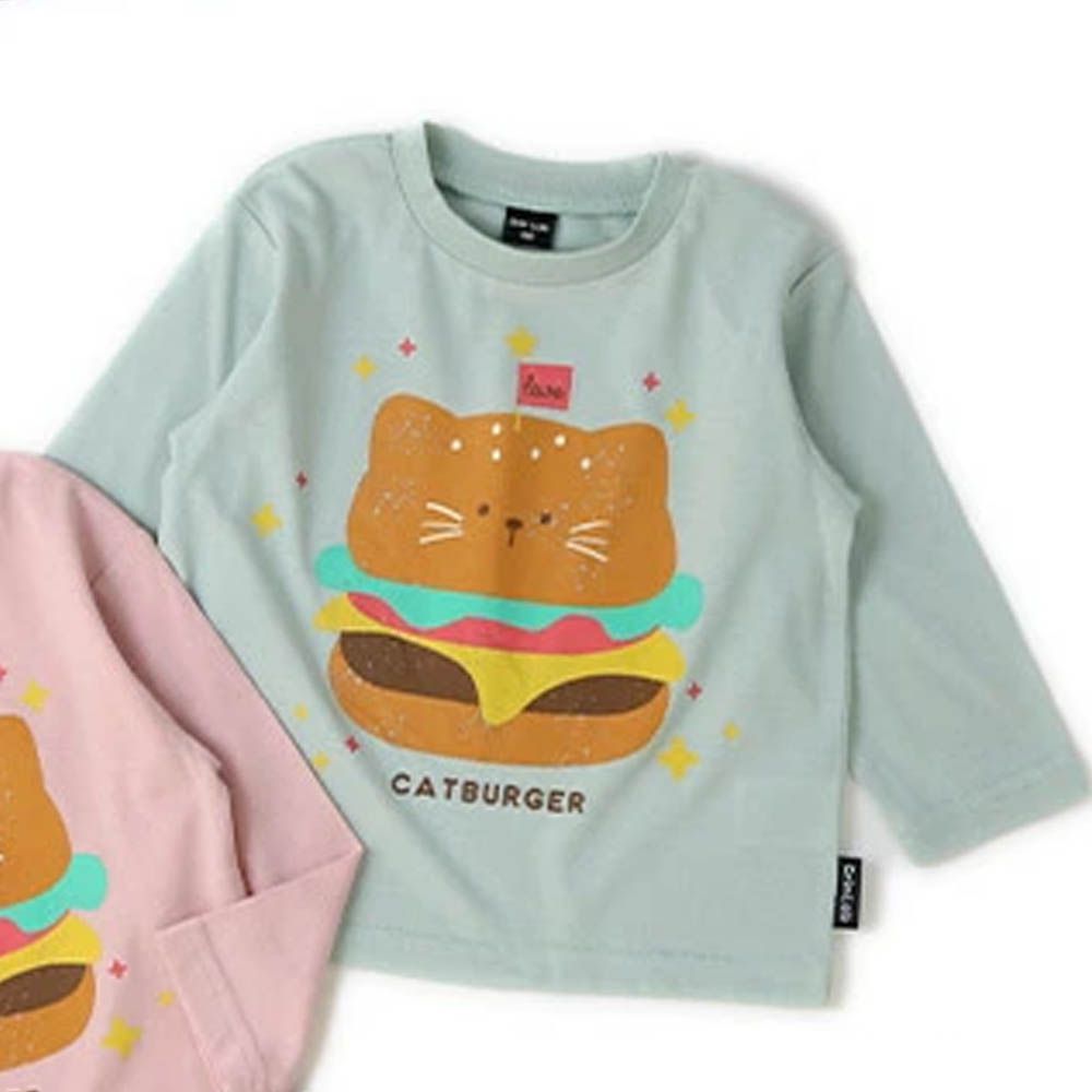 [推薦]定番印花薄長袖上衣-貓貓漢堡-淺藍綠