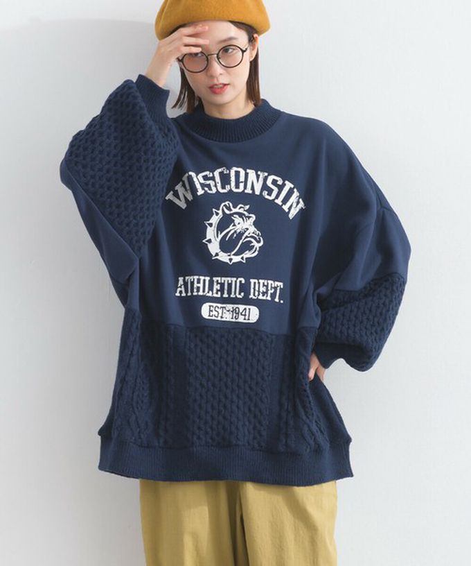 日本 Lupilien - 鬥牛犬印花粗針織拼接裏毛長袖上衣-淺灰