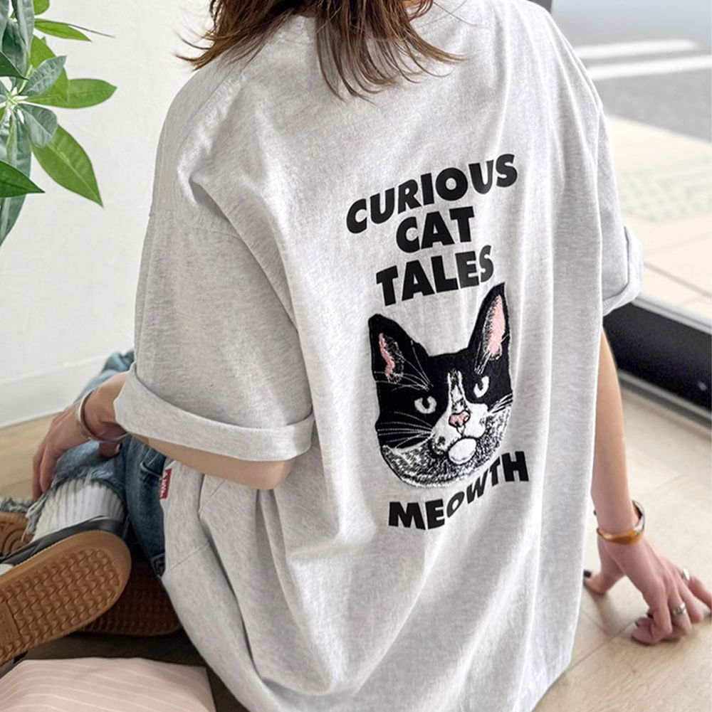 Java 主角級動物刺繡寬版短袖T恤(男女兼用)-貓-淺灰