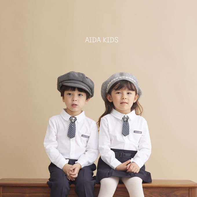 韓國 AIDA - 海軍小領帶裝飾長袖襯衫-白