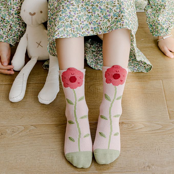腳ㄚ子 - 幼/兒童棉質中筒襪 童襪 襪子 棉襪 兒童襪-緋紅花舞