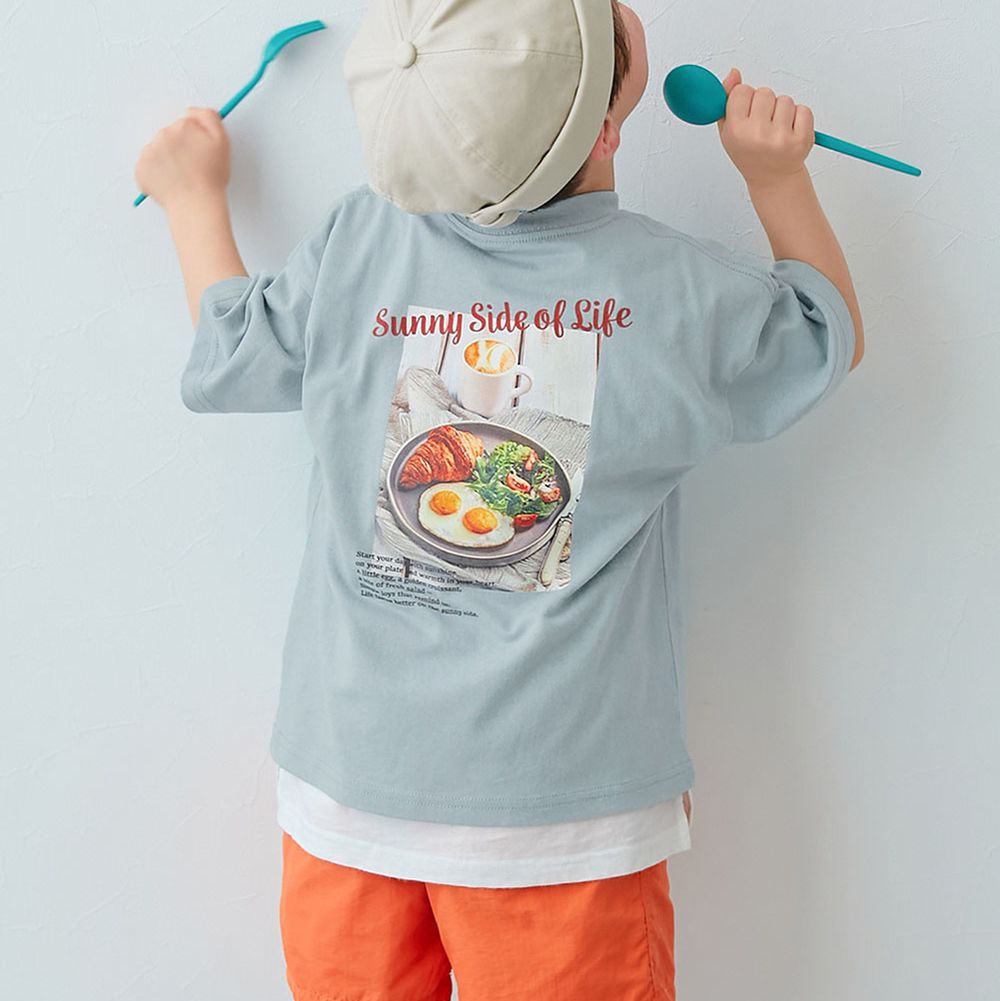 100%棉 美味食物短袖上衣-早午餐盤-灰藍