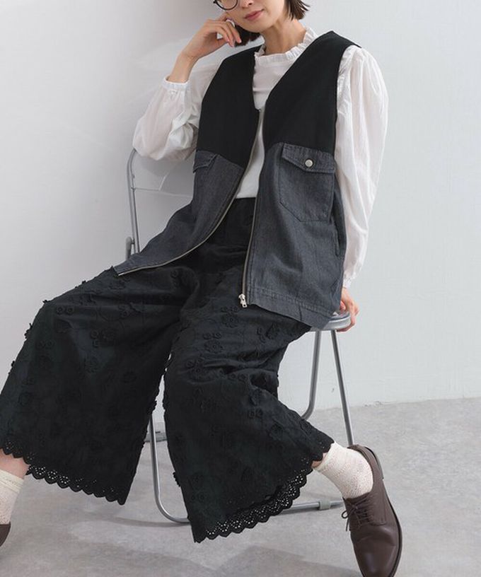 日本 Lupilien - 100%棉 奢華滿版緹花刺繡寬褲-黑