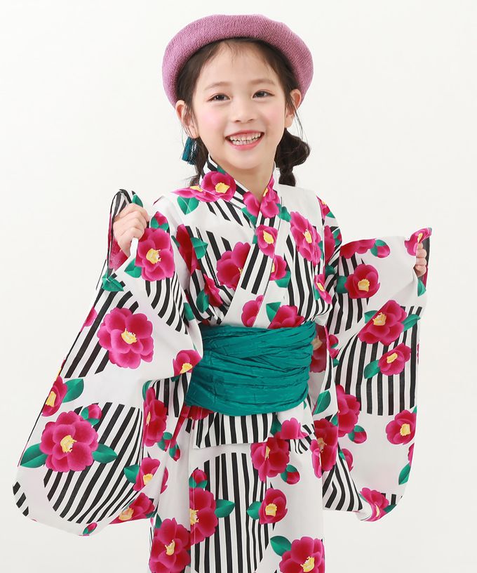 日本 devirock - 純棉夏日祭典花朵浴衣兵兒帶2件組-牡丹格紋-粉x綠