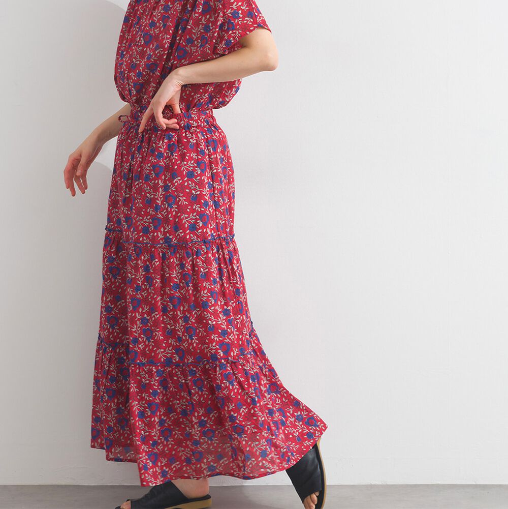 100%印度棉 華奢滿版印花分層長裙-紅系