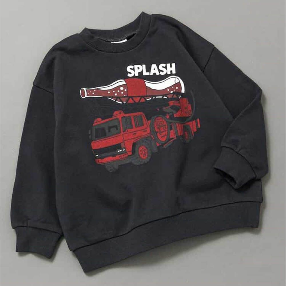 美式印花縮口長袖上衣-可樂消防車-炭灰