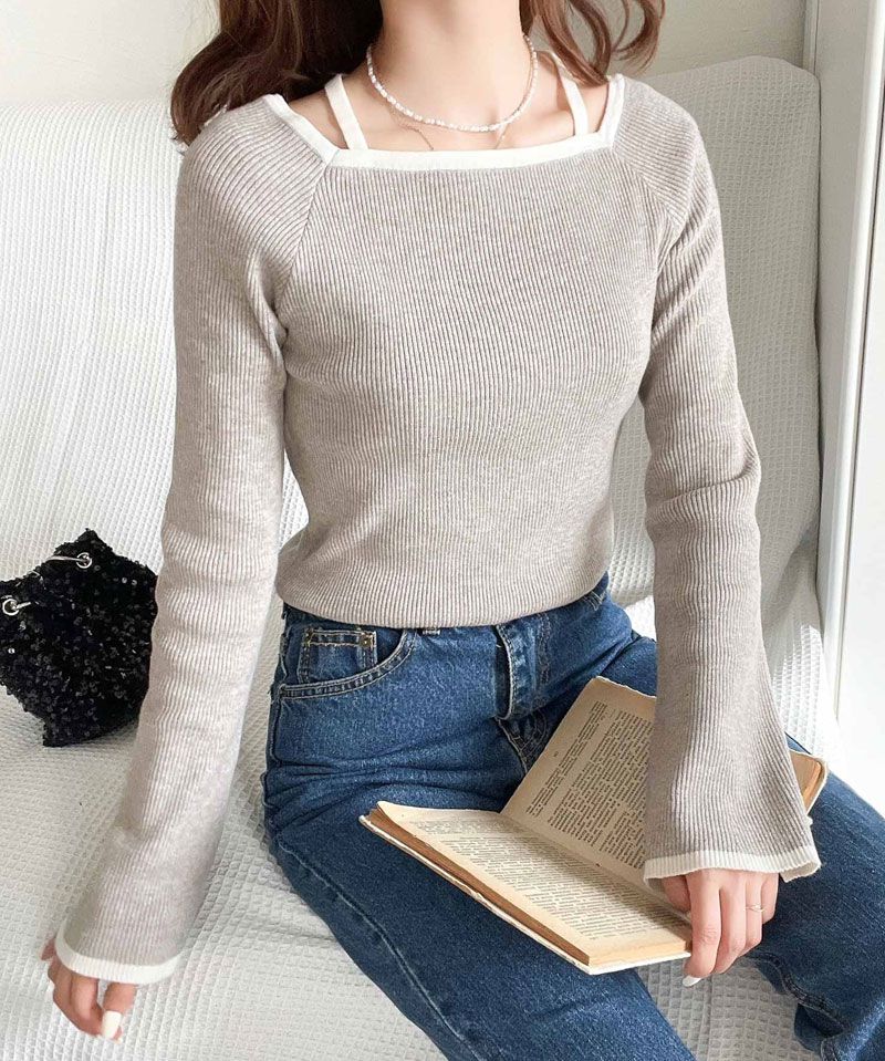 日本 Classical Elf - 氣質彈性微喇叭袖薄針織上衣-米杏