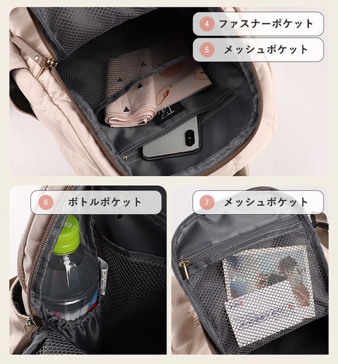 日本 LIZDAYS - 8口袋輕量絎縫防潑水時尚後背包-黑