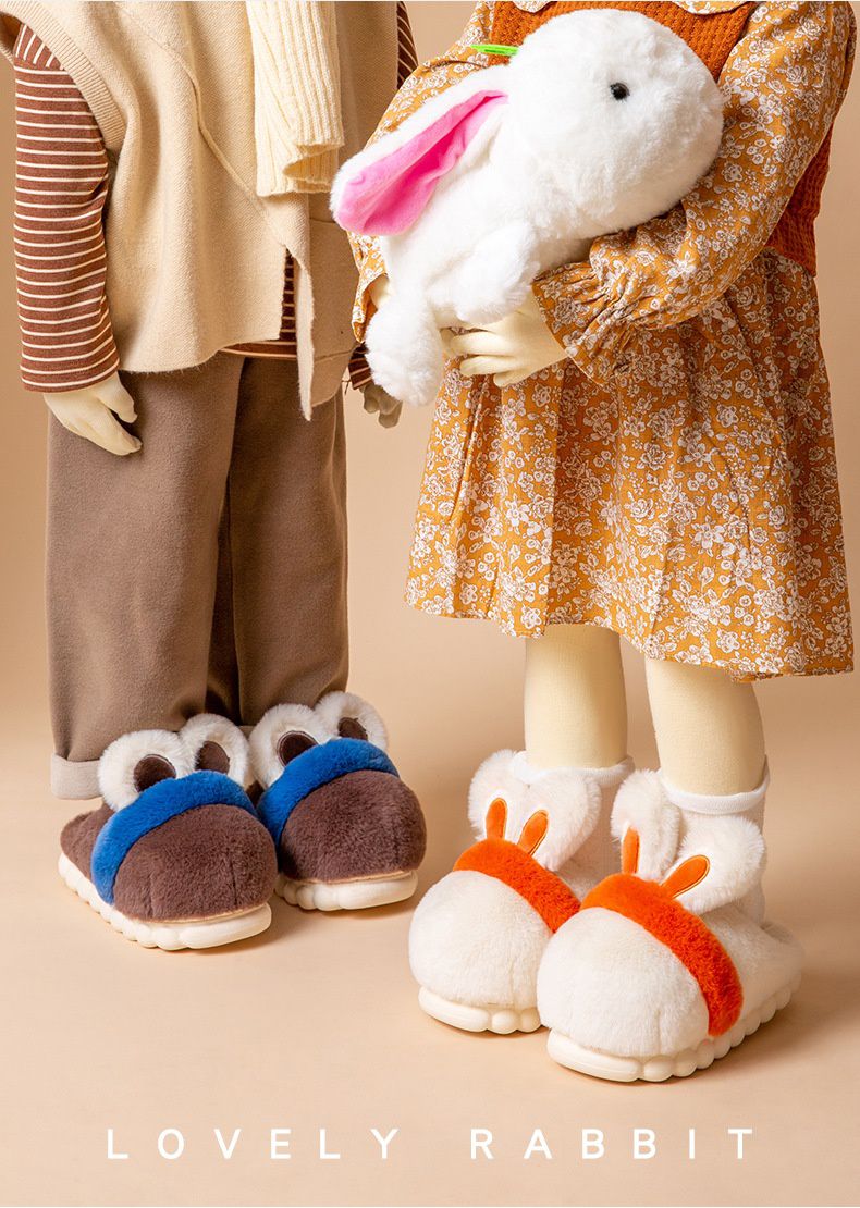 兒童毛毛保暖室內拖鞋(厚底)-兔耳-粉色