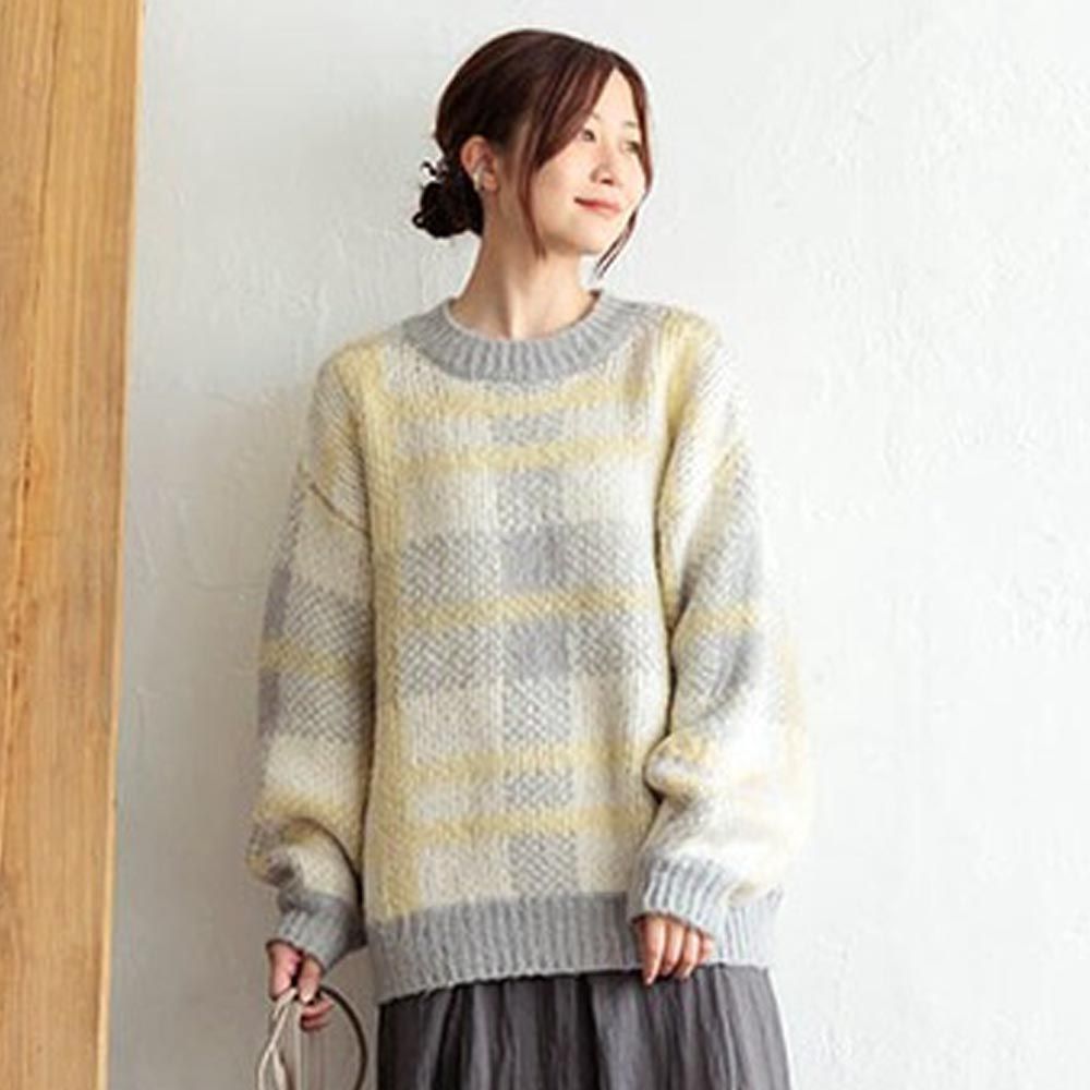 日本 ihuu - 大格紋俏皮針織毛衣-淺黃灰