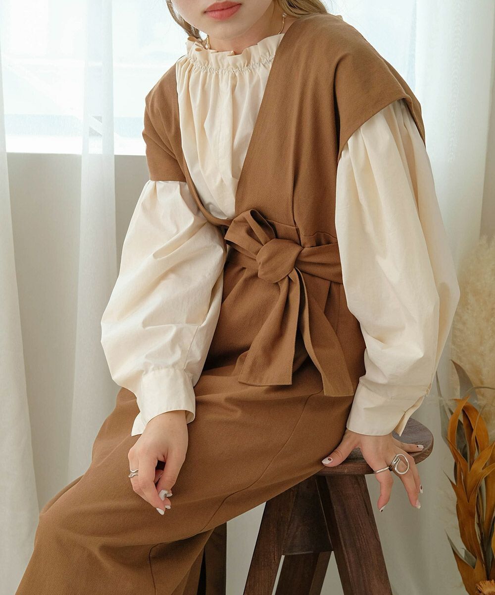 日本 Bab - 知性V領設計綁帶背心裙-深可可