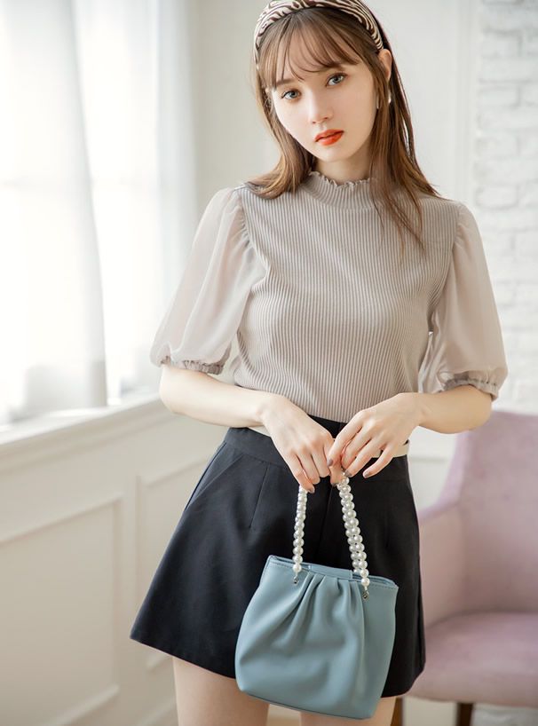 日本 GRL - 珍珠提把抓皺手提包/側背包-米