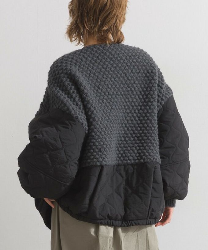 日本 Lupilien - 立體麻花絎縫拼接無領保暖外套-軍綠