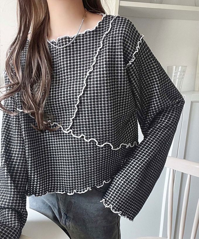 日本 Classical Elf - 2way華夫格木耳捲邊浪漫長袖上衣-炭灰