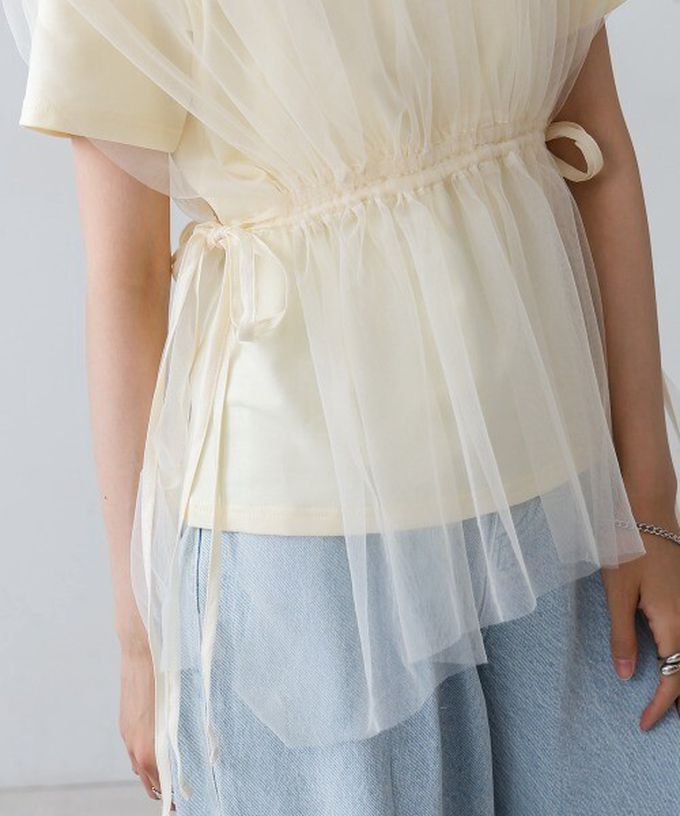 日本 Bab - 仙氣皺摺薄紗 腰綁帶短袖上衣-淺灰