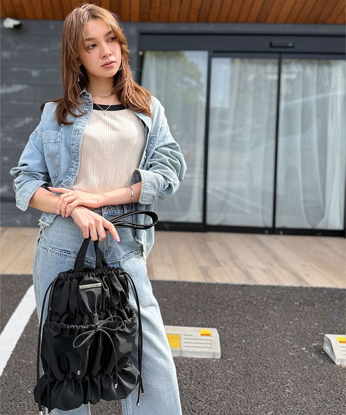 日本 Classical Elf - 休閒感皺摺蝴蝶結肩背包(可收A4)-淺灰