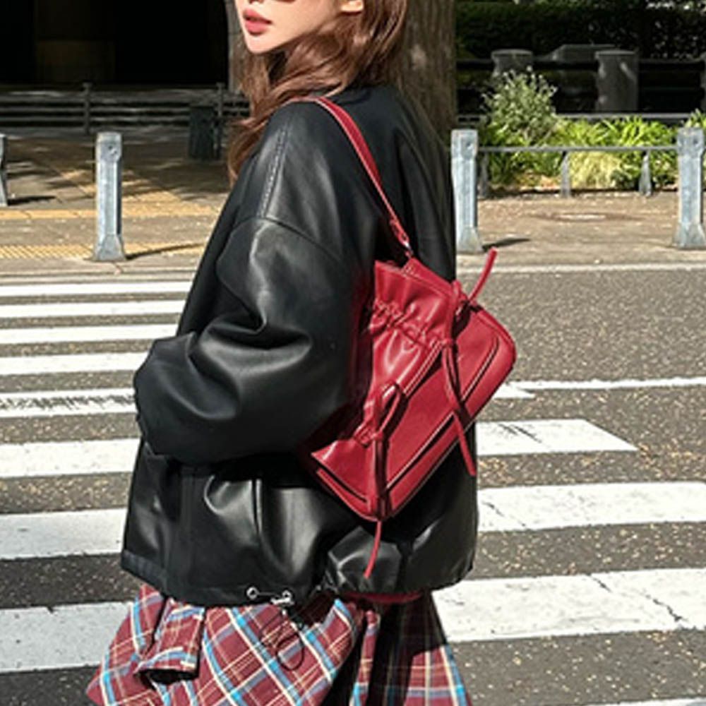 甜美皺摺雙蝴蝶結迷你肩背包-紅 (F)