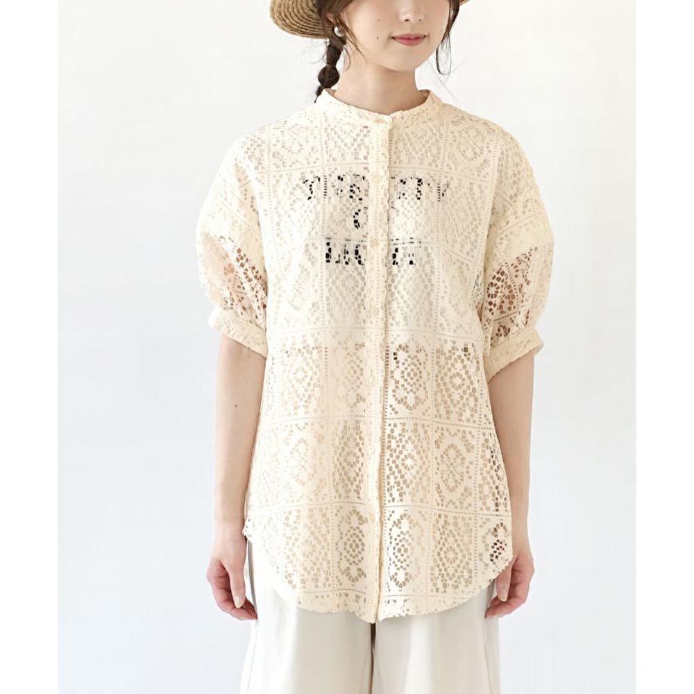日本 zootie - 透明感雕花蕾絲泡泡袖襯衫-米杏